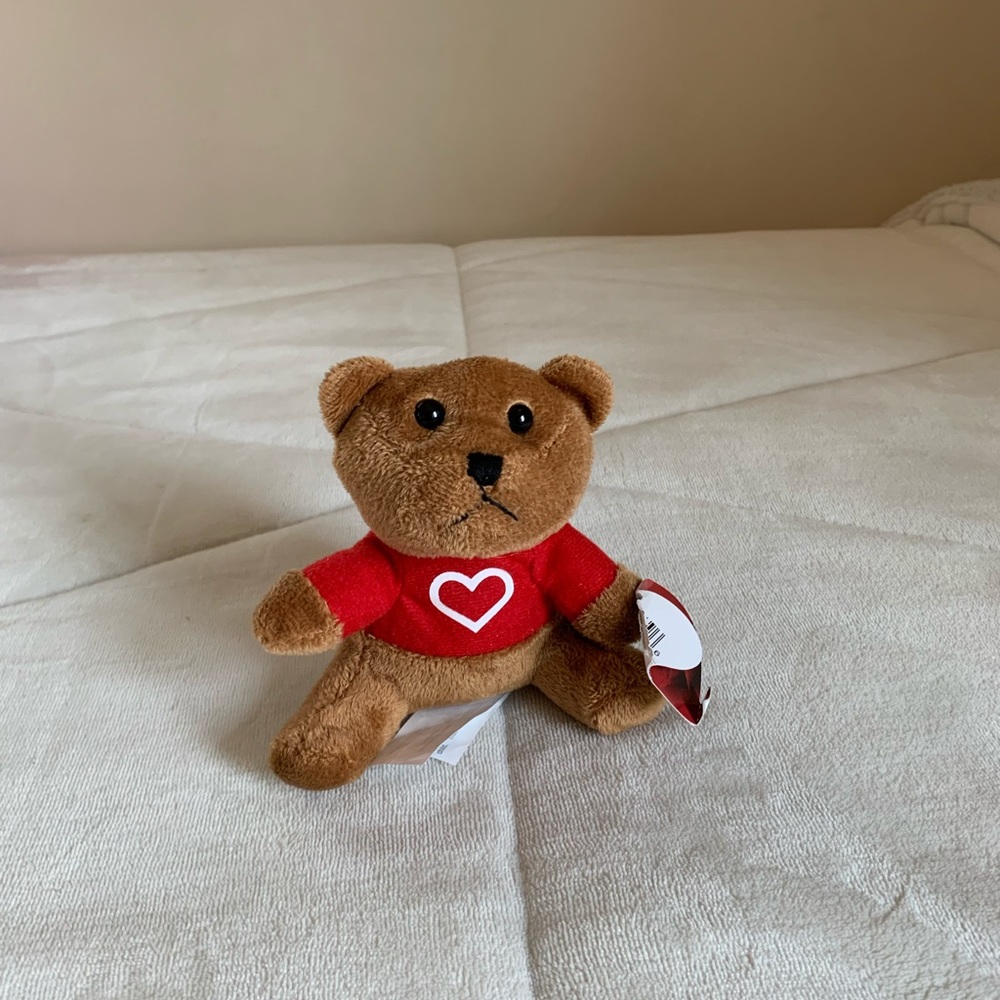 Brown Russell Stover stuffed bear with a red shirt